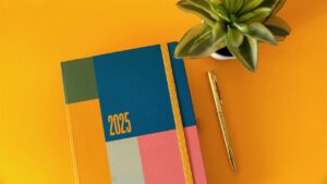 A 2025 planner on a desk next to a potted plant