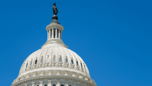 U.S. Capitol building dome in front of a blue sky