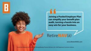 A woman in orange gesturing at a chat bubble.