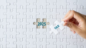 A puzzle piece labeled "tax" filling in the missing piece that reads "2025".