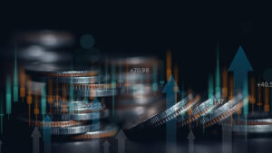 Stack of coins with an overlay of orange and blue arrows.