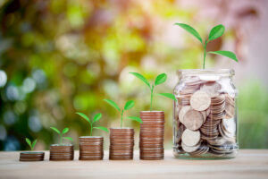 Coin stacks growing in height with a sprout coming out of them.
